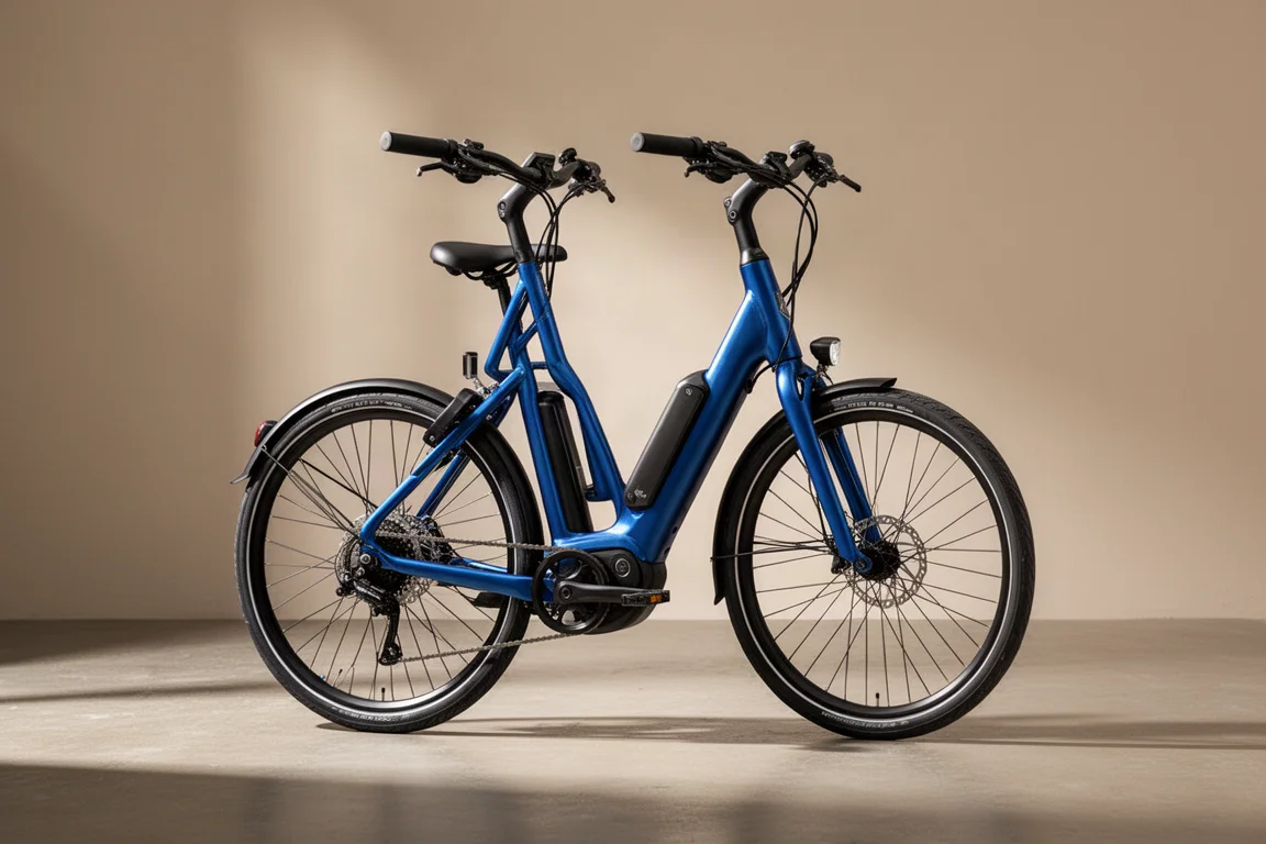 Tenways Wayfarer elcykel i safirblått på en matt betongyta