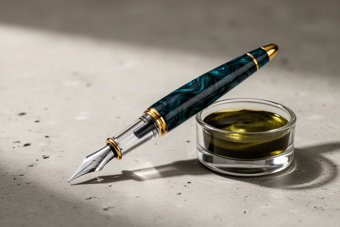 Marbled blue glass dip pen with a glass nib beside a dish of shimmering ink