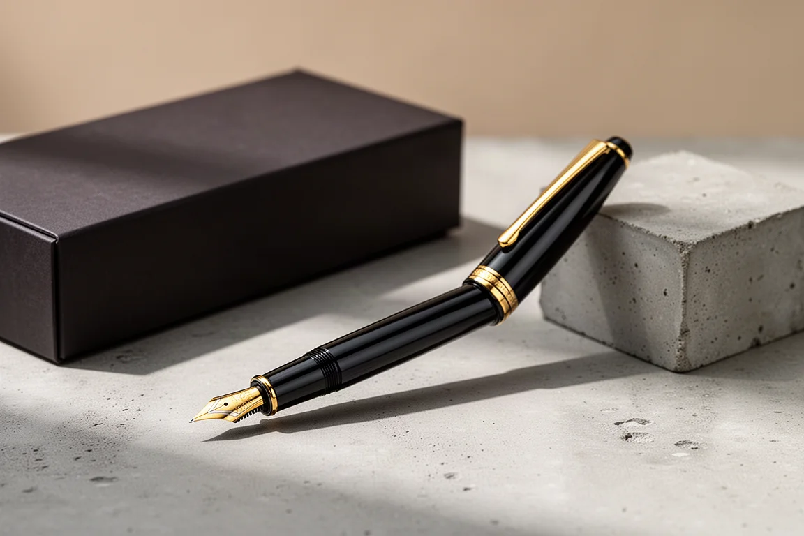 Glossy black fountain pen with gold trim next to a dark presentation box