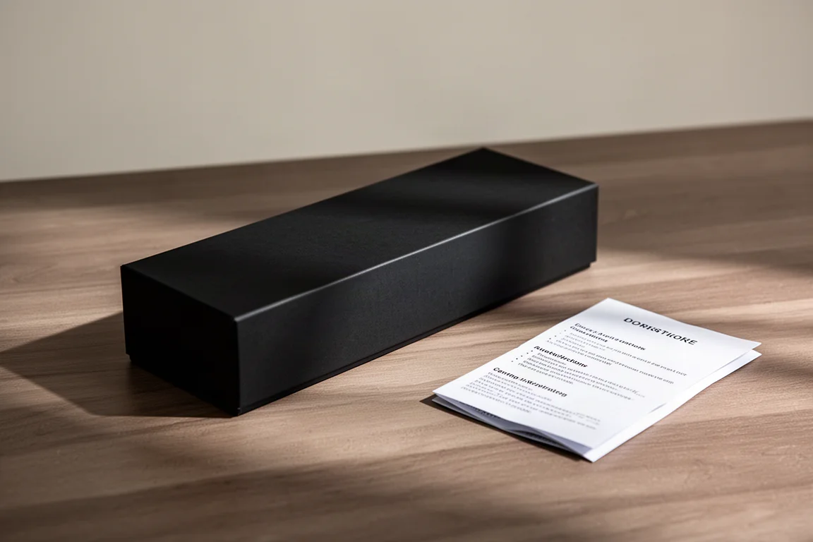 Rigid fountain pen presentation box with a guitar emblem on a desk