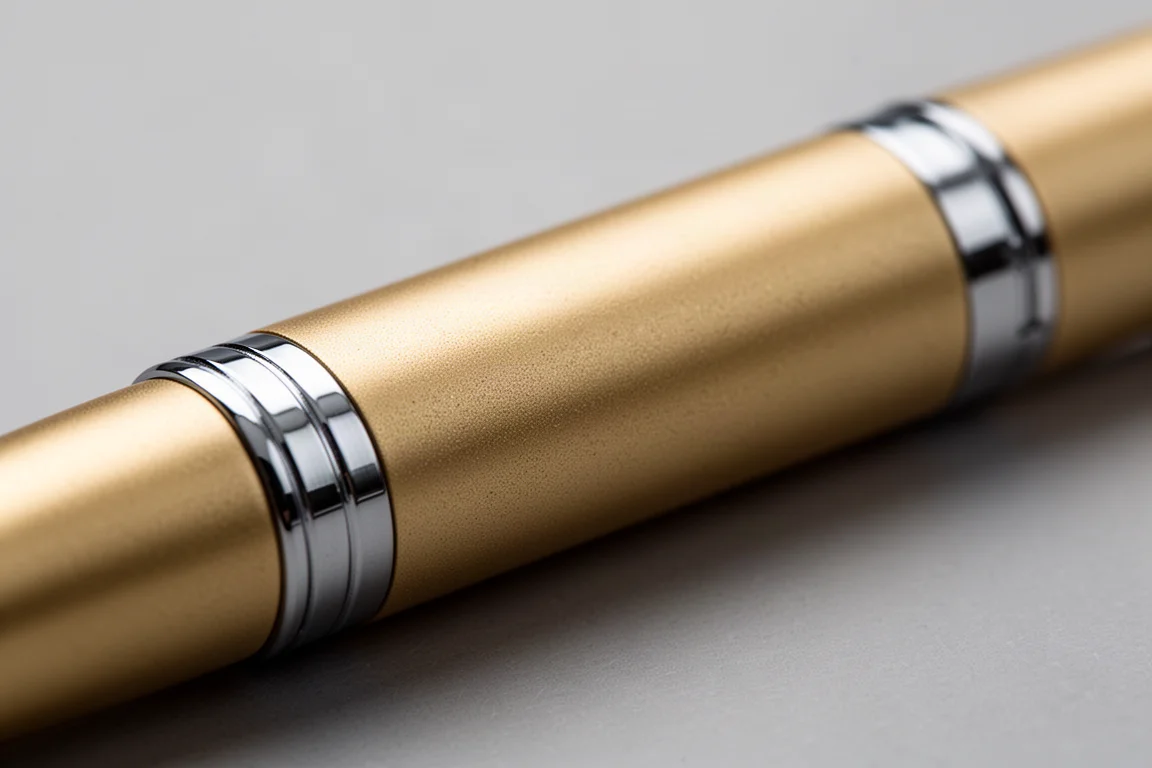 Close-up of a matte lacquered brass pen barrel showing its texture and plating details