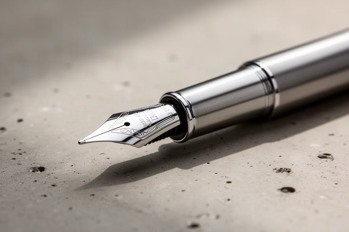 Fountain pen nib and grip section photographed in close detail on a neutral surface