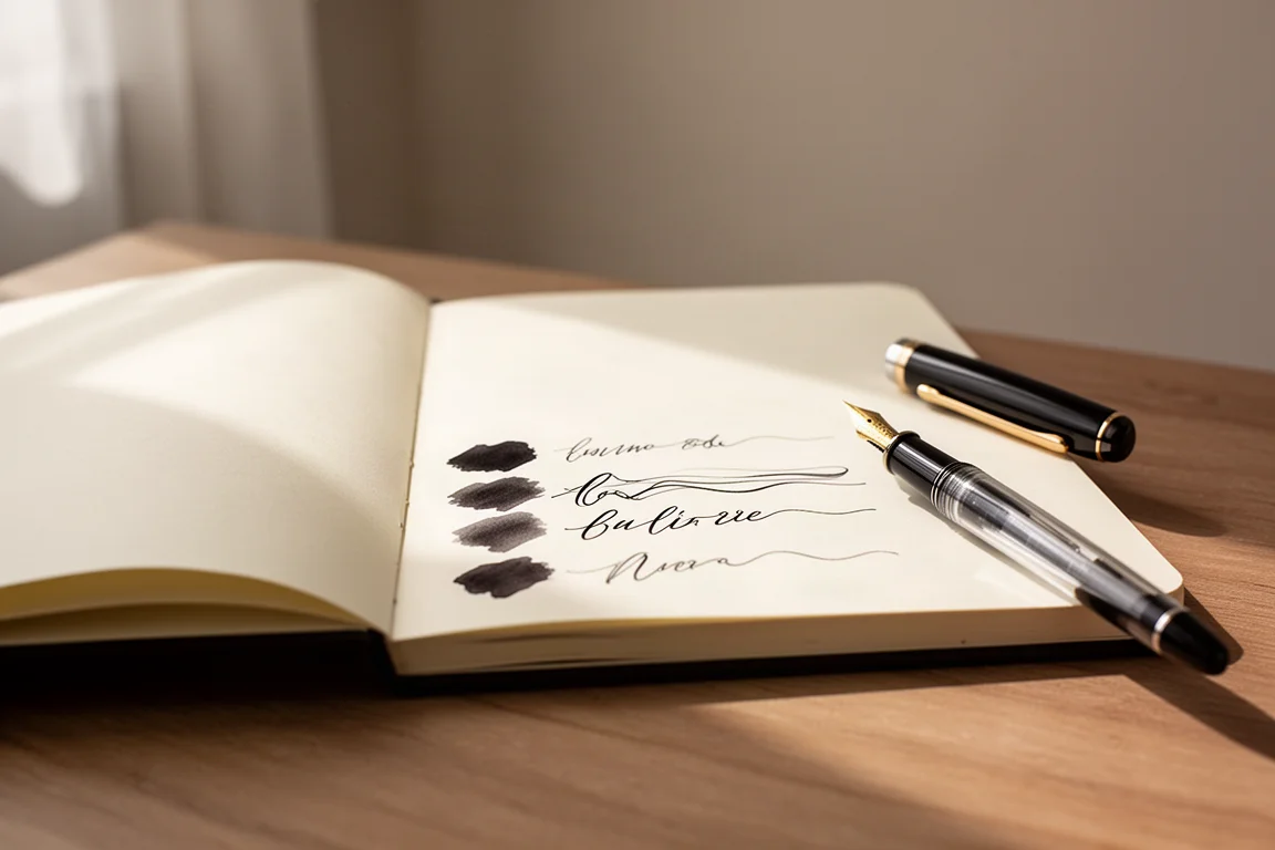 Open notebook page with flowing handwritten ink lines beside the pen