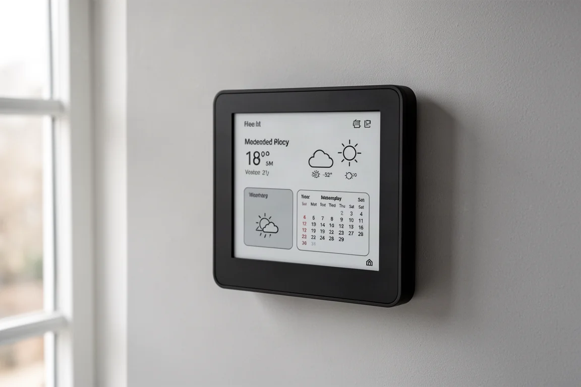 Smart-Home-Geräte, darunter ein E-Ink-Dashboard, ein Garagentoröffner, ein smarter Knopf und ein Luftqualitätssensor, angeordnet auf einer Betonoberfläche