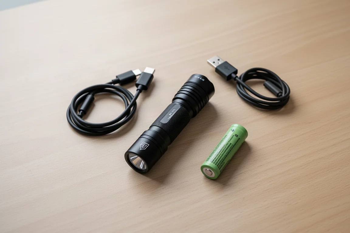 Kleine Taschenlampe mit USB-C-Ladekabel auf einem Schreibtisch