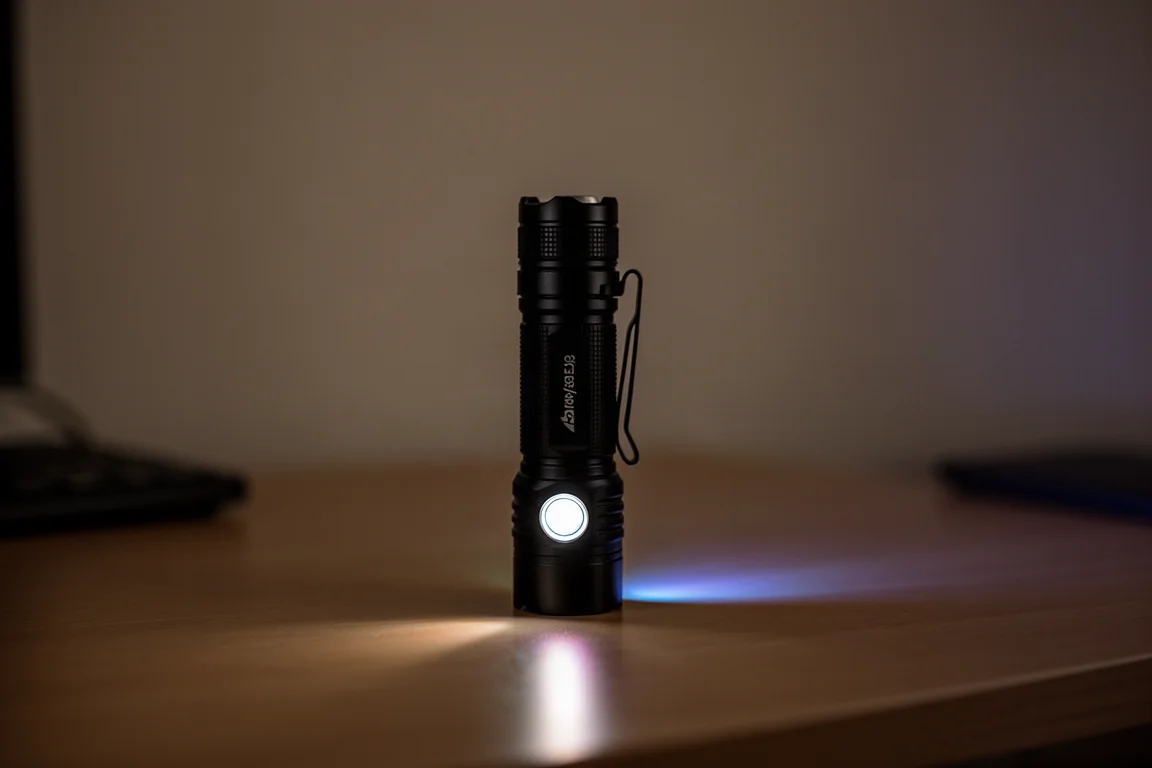 Taschenlampe auf einem Schreibtisch in einem gedämpften Raum mit sanftem Hilfslicht