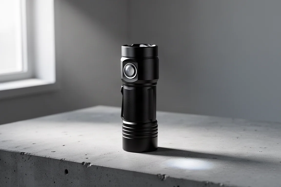 Compact black LEP flashlight standing on a concrete surface