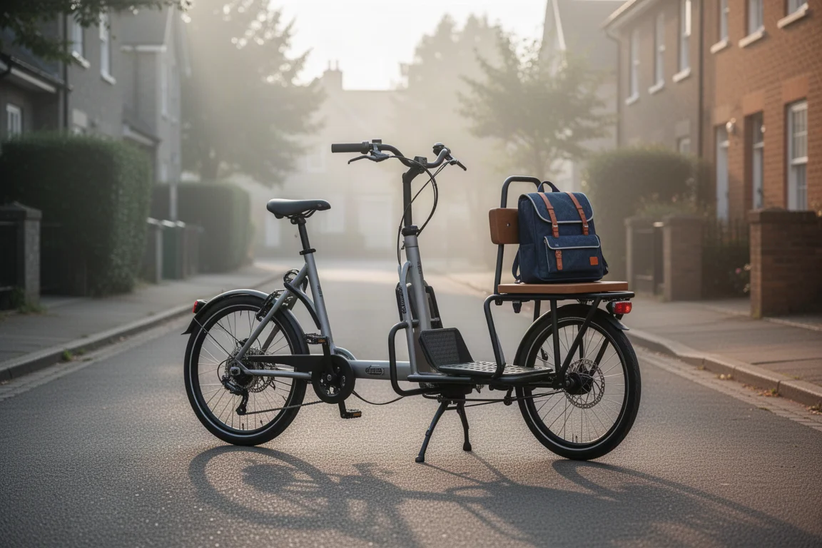 Compact cargo bike parked on a quiet street with a school bag on the rear rack