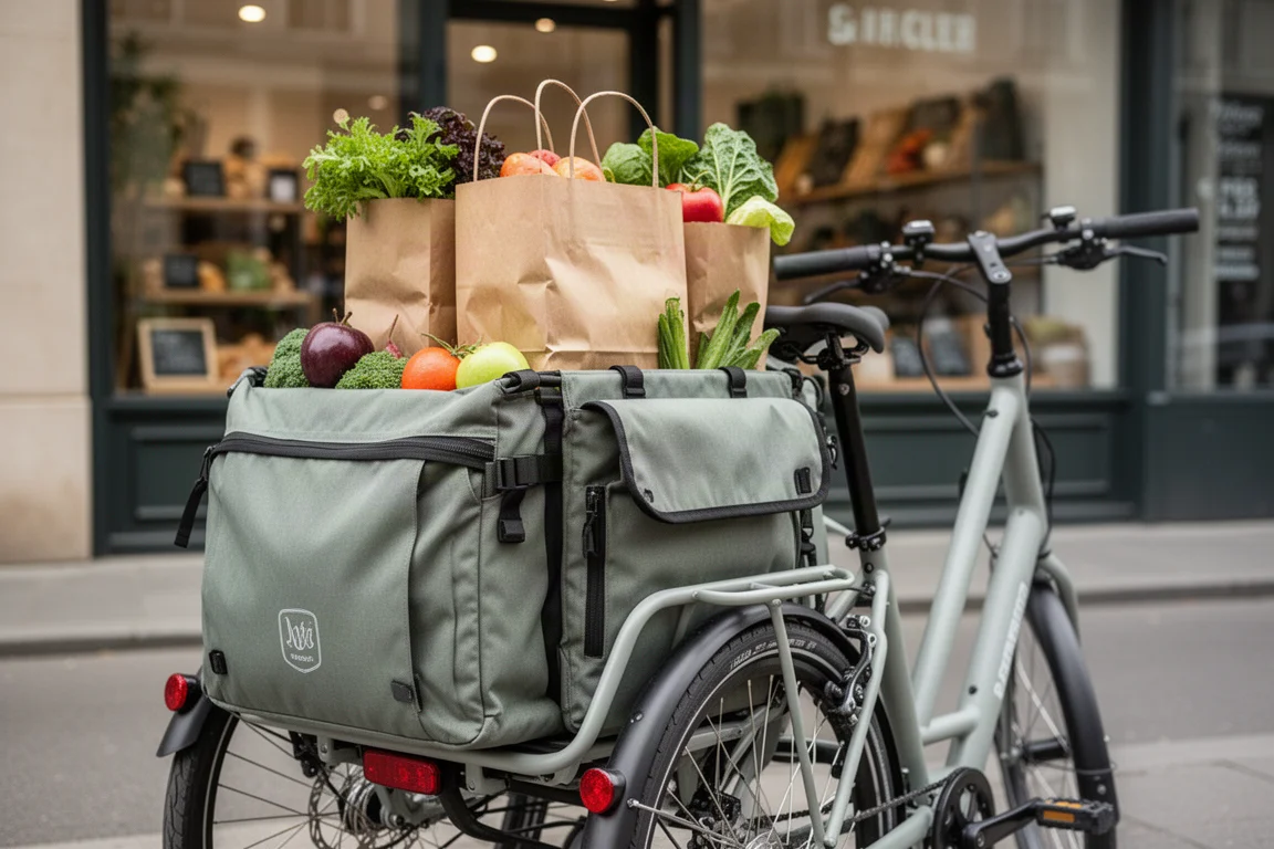 Expandable rear pannier on a cargo bike filled with grocery bags outside a shop