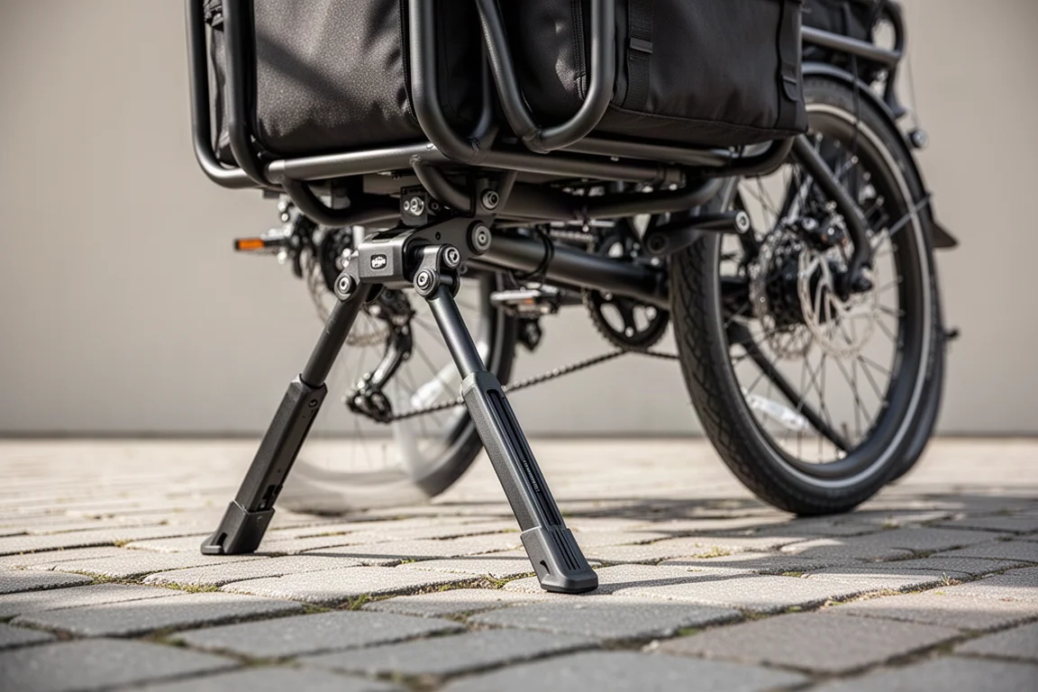 Wide dual-leg kickstand supporting a loaded cargo bike on uneven paving