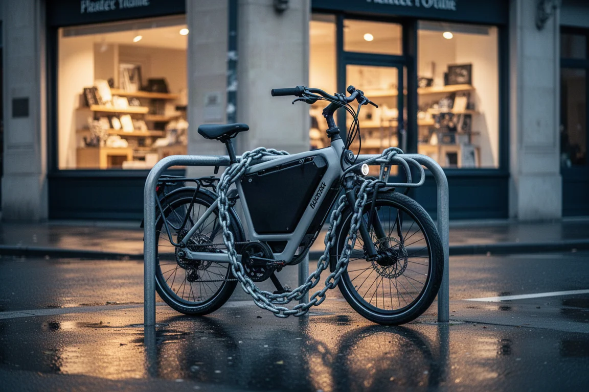 Cargo bike secured with a heavy lock outside a city shop at dusk