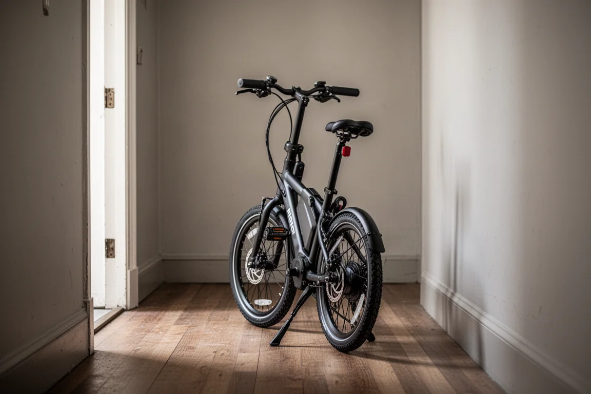 Compact electric cargo bike parked in a narrow city hallway
