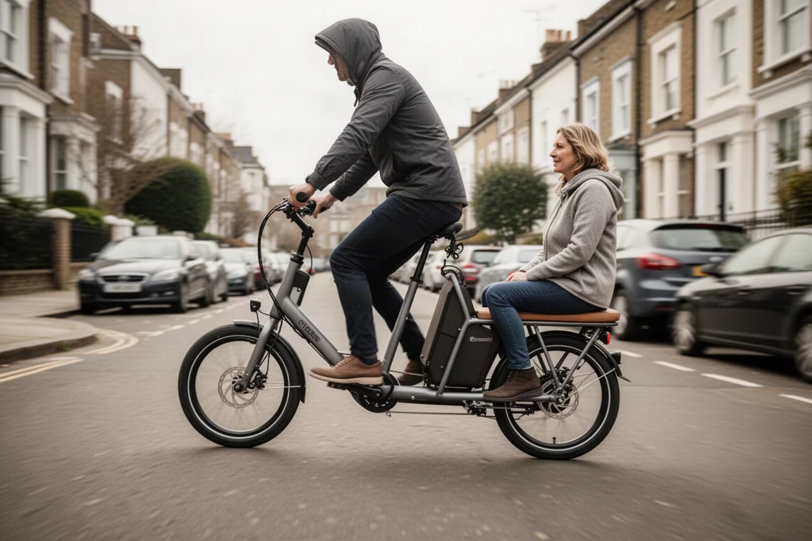 Rider climbing a steep city street on a compact cargo bike with a passenger