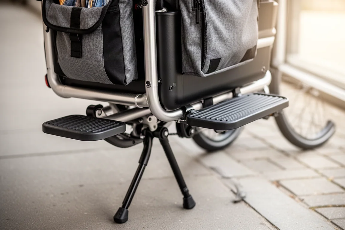 Close-up of a folding footrest and kickstand on a compact cargo bike