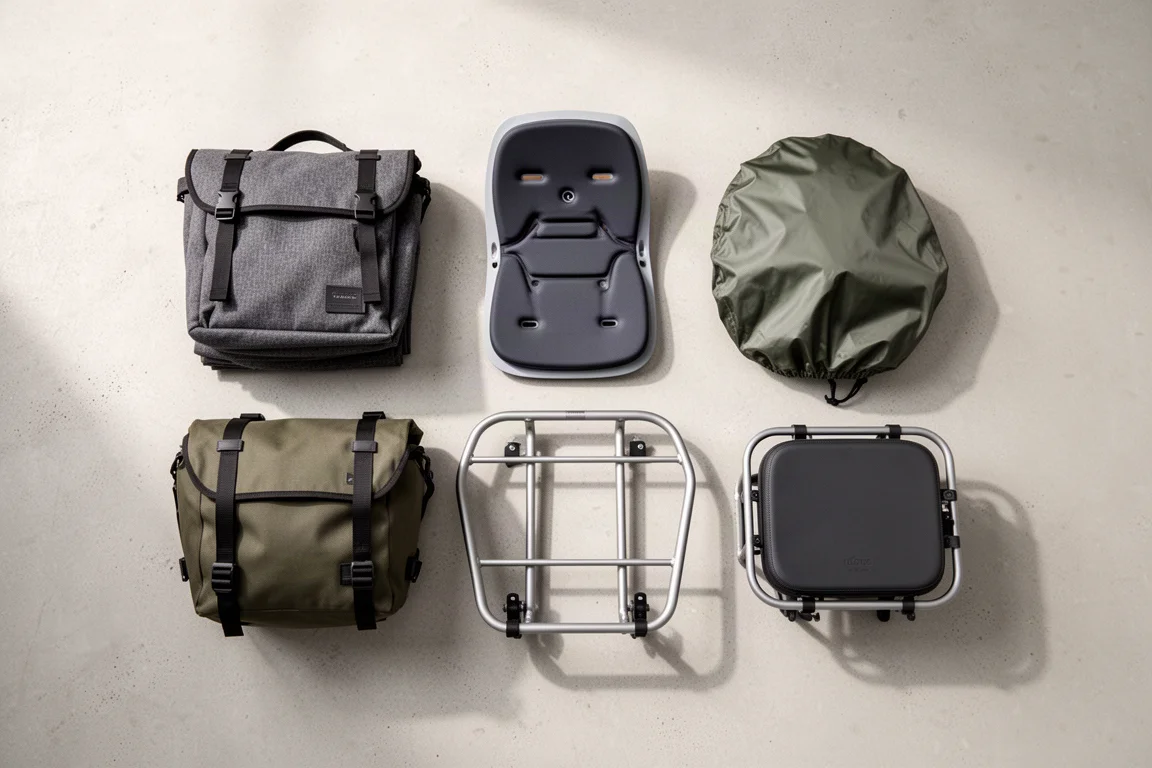 Flat-lay of cargo bike accessories on a concrete surface