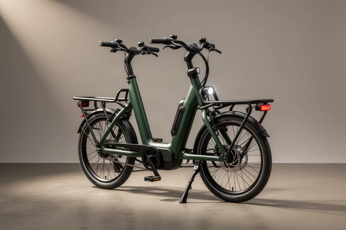 Vélo cargo électrique compact avec roues de 20 pouces et long porte-bagages arrière sur béton