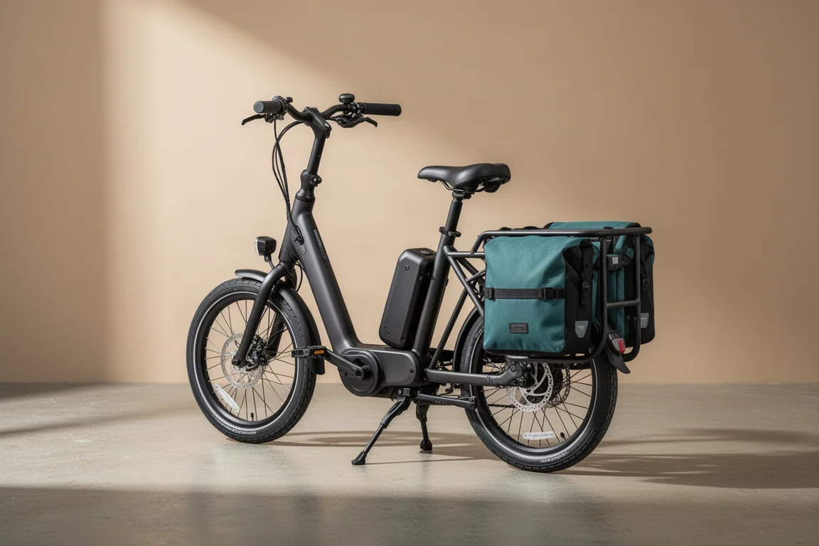Vélo cargo électrique compact à roues de 20 pouces avec sacoches arrière sur du béton
