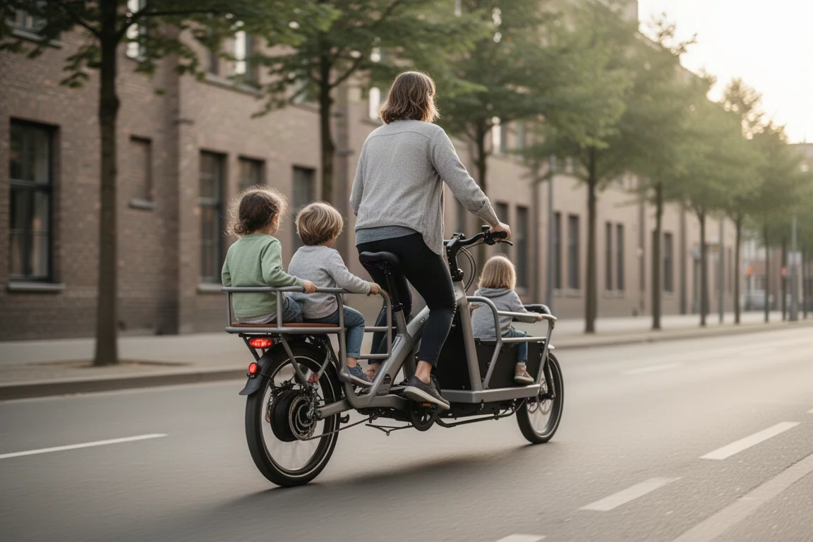 Progenitor montando en una bicicleta de carga compacta con dos niños sentados en el portaequipajes trasero