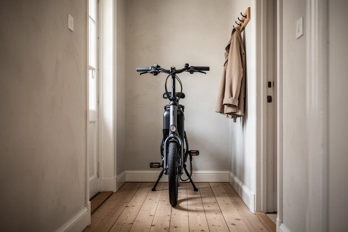 Bicicleta de carga compacta guardada verticalmente sobre un extremo en un estrecho pasillo de apartamento