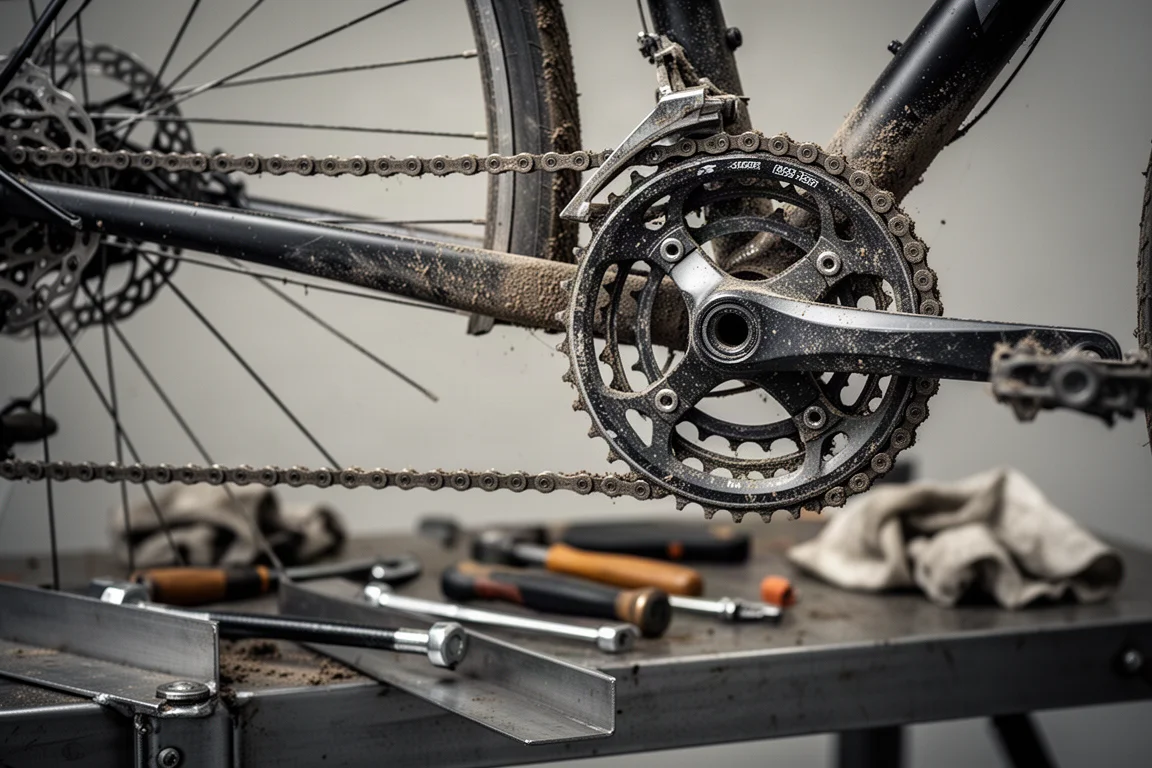 Primer plano de una cadena de bicicleta sucia y un rotor de freno de disco en un banco de taller