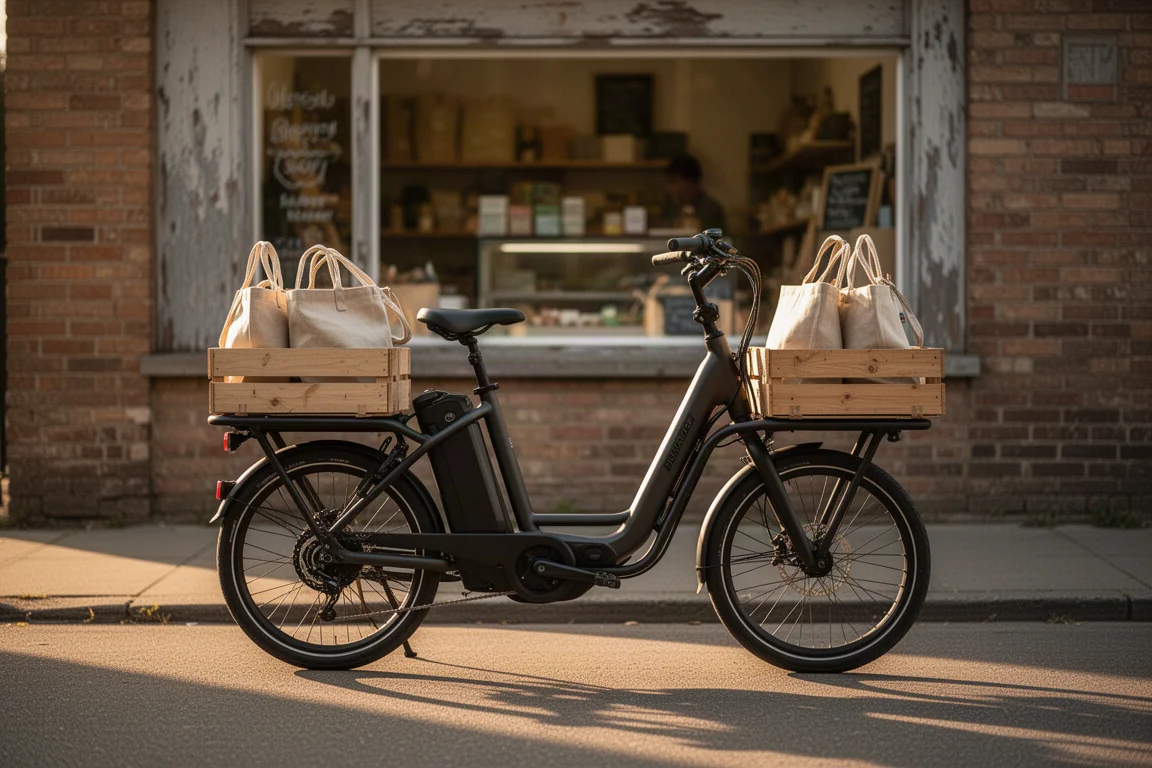 Bicicleta de carga compacta cargada con bolsas de la compra frente a una tienda de barrio
