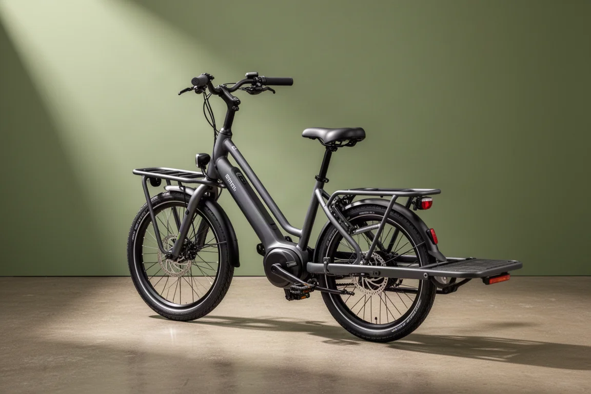 Cargo bike elettrica compatta Tern GSD S10 con un lungo portapacchi posteriore sul cemento