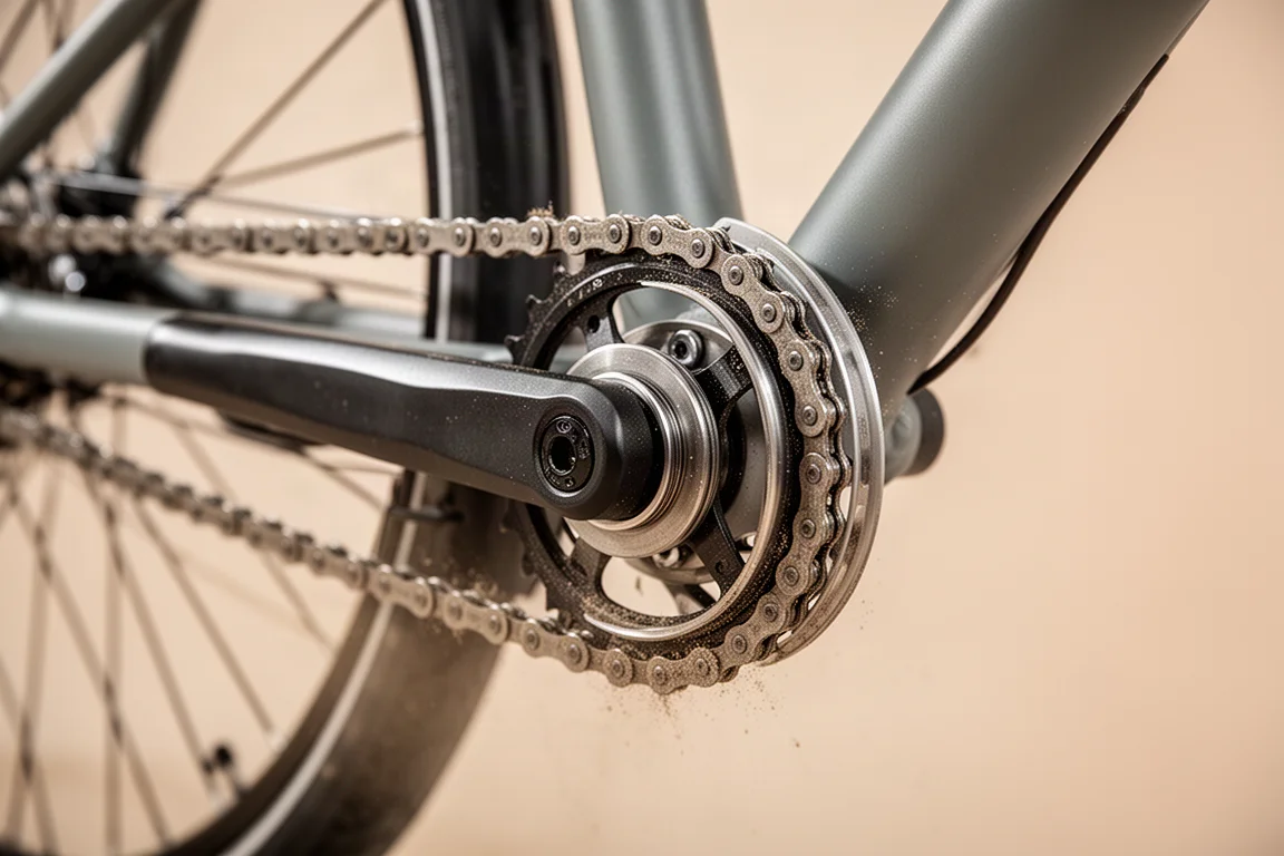 カーゴバイクのドライブトレインにあるチェーンとテンショナーのクローズアップ