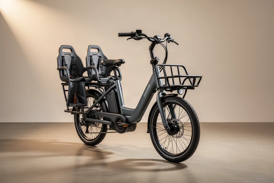 Compacte elektrische bakfiets met passagierszitjes achter en een voorrek op een betonnen vloer