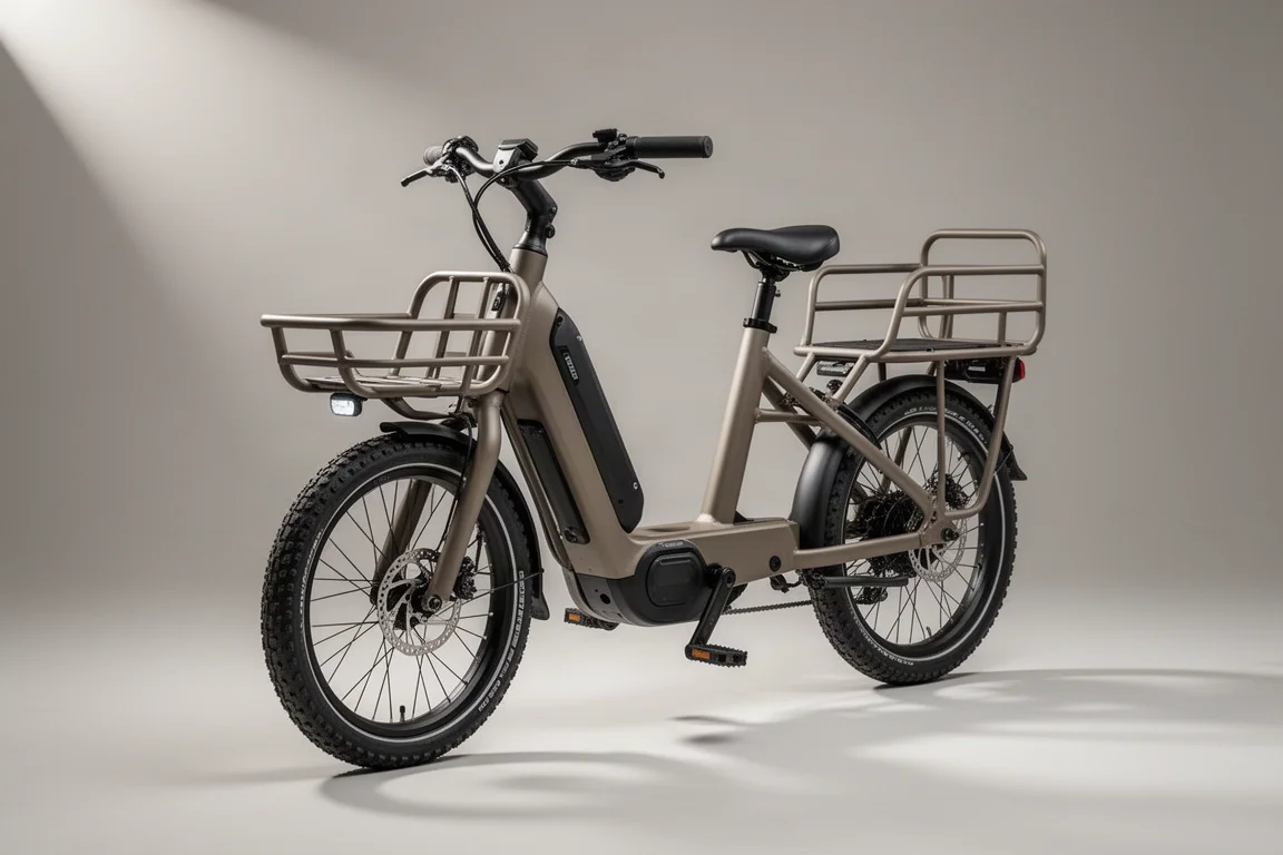 ニュートラルグレーの背景に置かれた、フロントラック付きのロングホイールベース・カーゴ電動自転車
