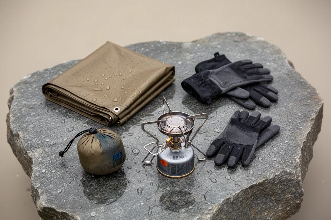 Vue à plat d'une toile pliée, d'un sac de compression, de gants et d'un petit réchaud sur une pierre mouillée