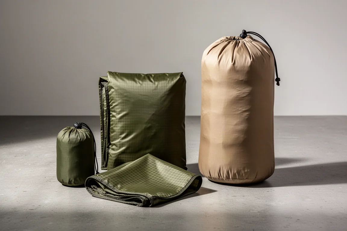 Olive bothy bag and sand-coloured wind sack emergency shelters on a matte concrete surface