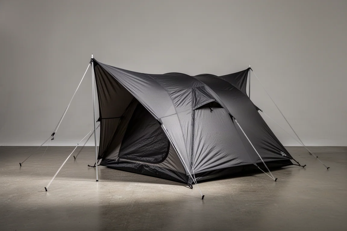Low-profile one-person tunnel tent pitched on a neutral backdrop in soft studio light