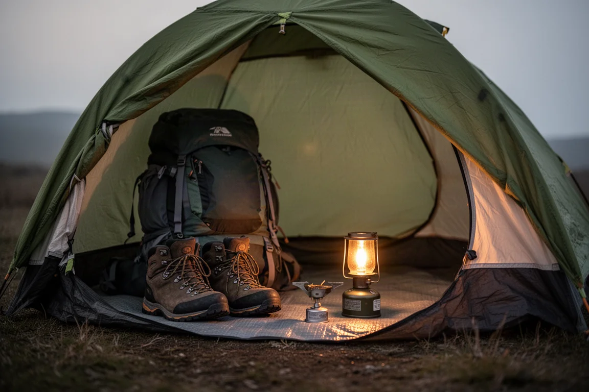 Litet vandringstält på en bergskam i soluppgången med ett stormkök och en mugg utanför