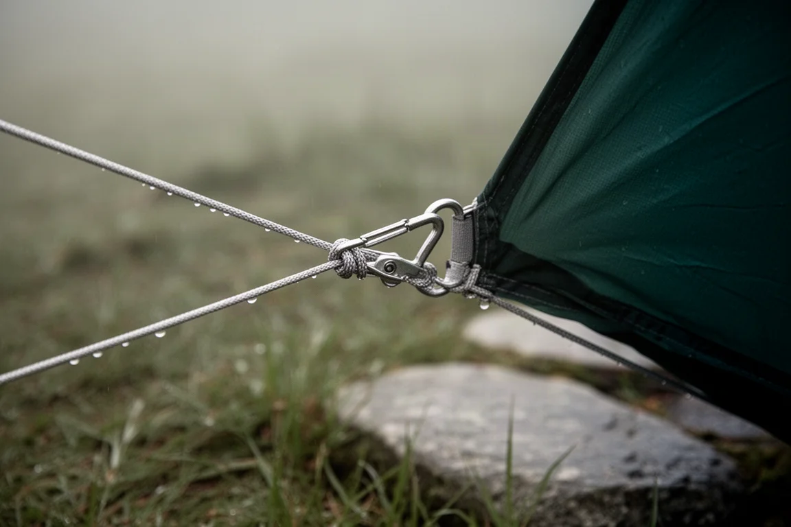 Nahaufnahme eines dunkelgrünen Ripstop-Nylon-Überzeltes mit abperlendem Wasser und einer reflektierenden Abspannleine