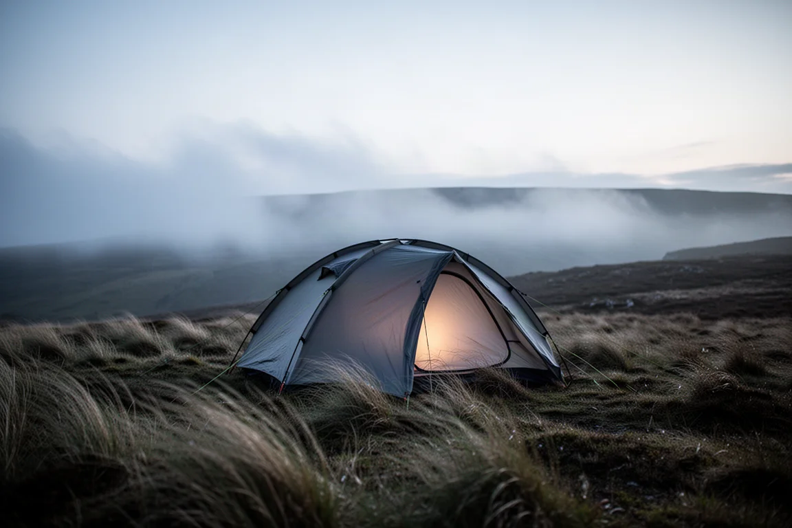 Tenda da trekking dal profilo basso su un crinale di brughiera al crepuscolo con nebbia sulle colline in lontananza
