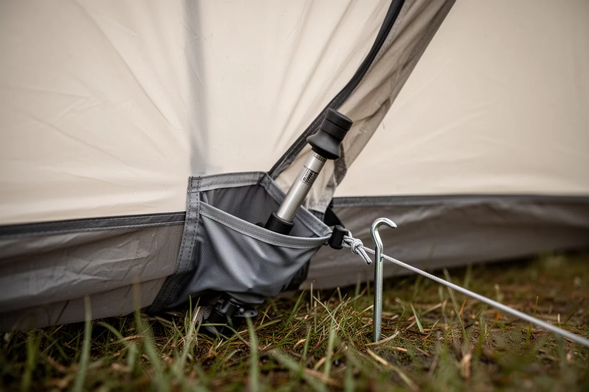 Bastoncino da trekking inserito in una guaina rinforzata all'estremità di una tenda da trekking ben tesa