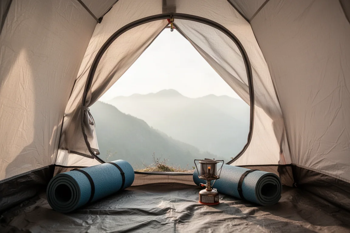 Interno di una piccola tenda con il pannello frontale completamente aperto su una vista mattutina di montagna