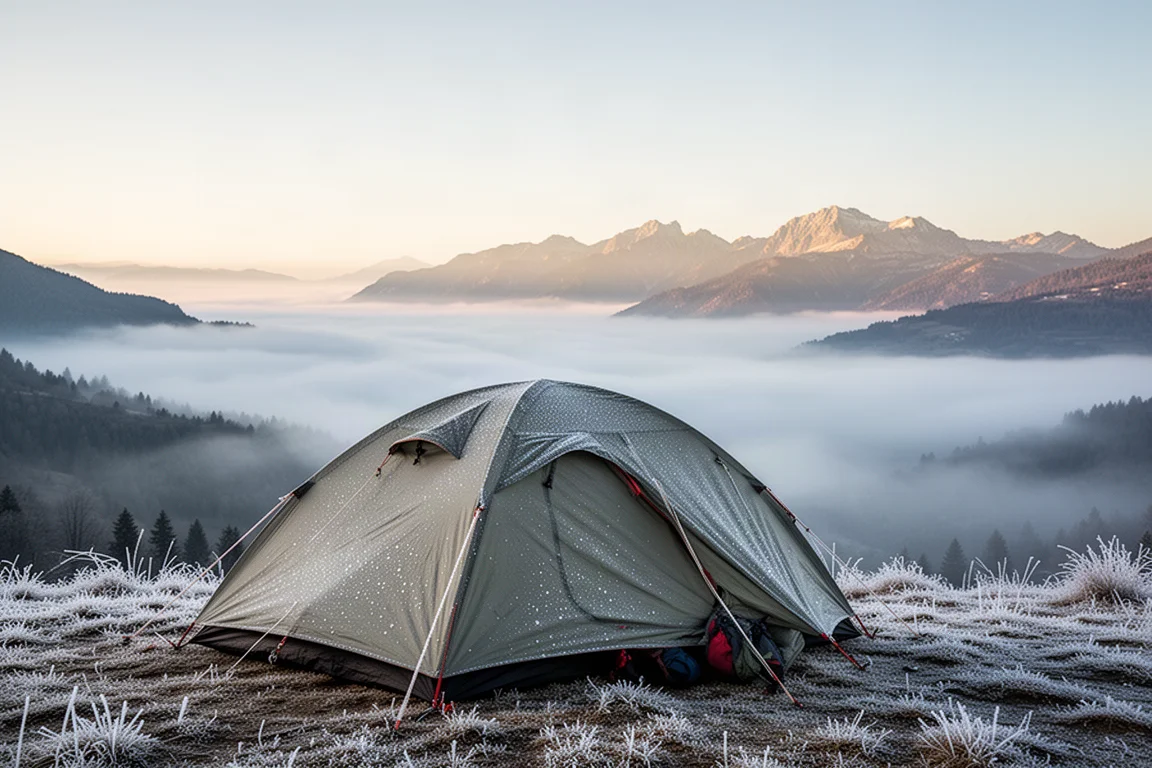 Tenda da trekking sopra una valle riempita da un'inversione termica all'alba