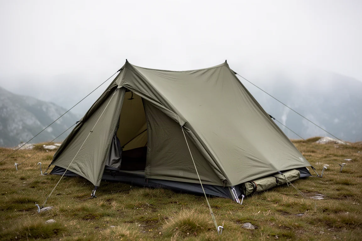 Low-profile olive three-season backpacking tent pitched on mountain grass in soft overcast light
