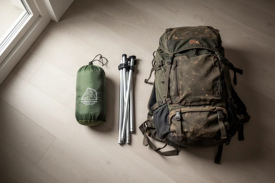 Gefaltetes ultraleichtes Zelt und Gestängebündel neben einem Wanderrucksack auf Holzboden