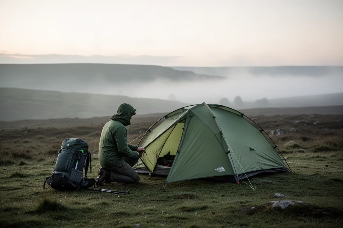 Four-season solo tent pitched on a moorland ridge at dusk with misted hills behind
