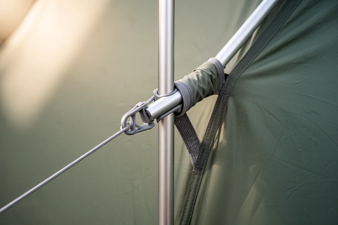 Close-up of colour-coded tent poles clipped to a taut tent fly