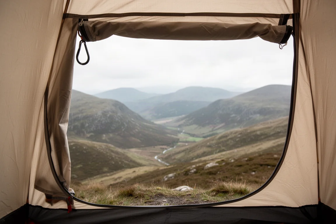 Interior of a small backpacking tent with sleeping mat and gear in the vestibule
