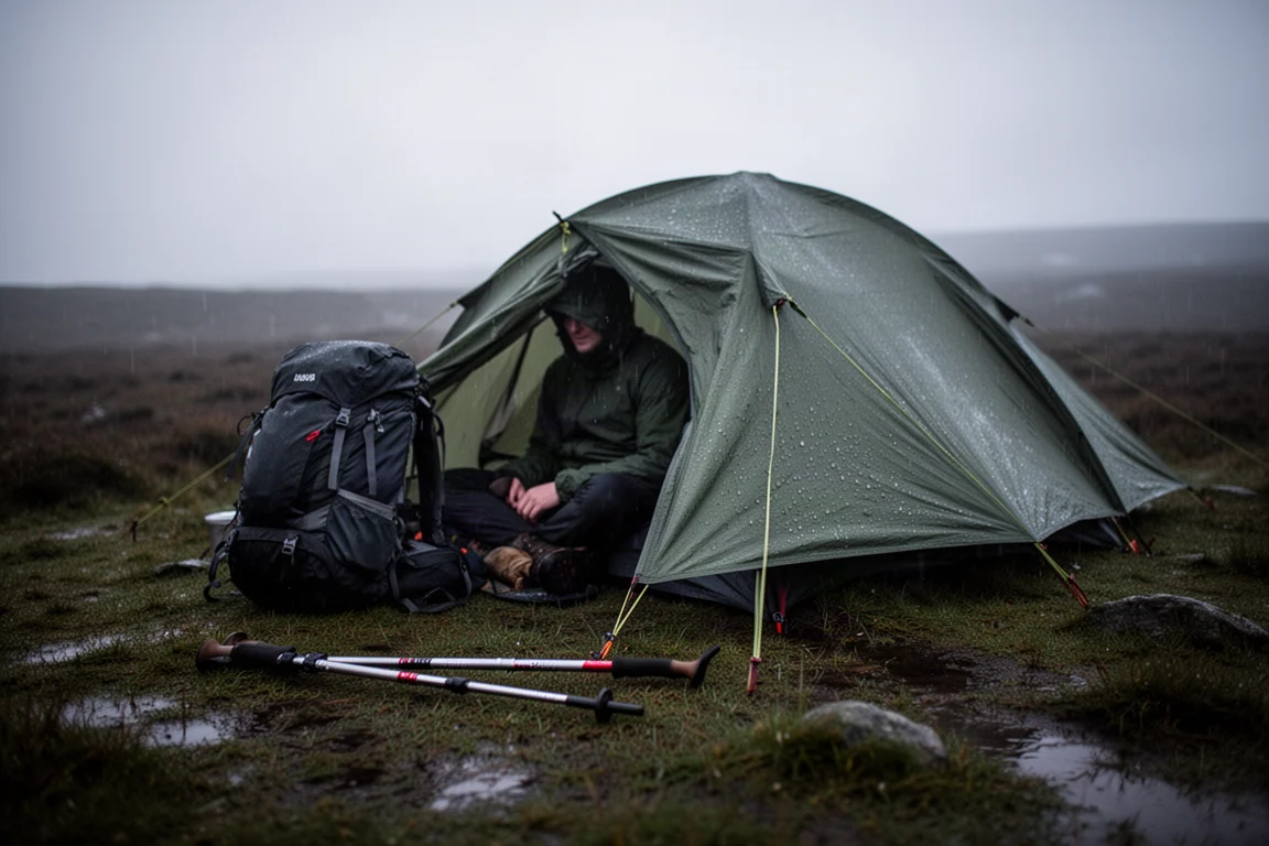 Wild camping gear laid out beside a pitched tent on granite at sunrise
