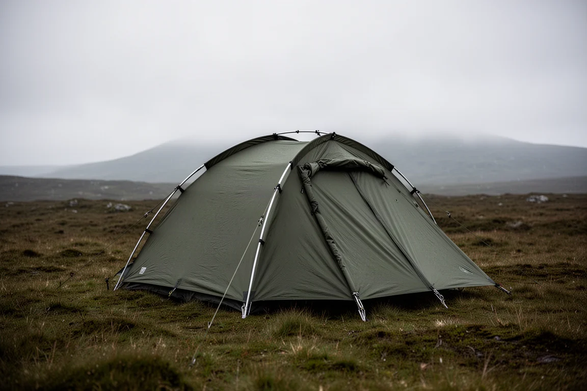 Four-season backpacking tent partly pitched on open moorland under low grey cloud