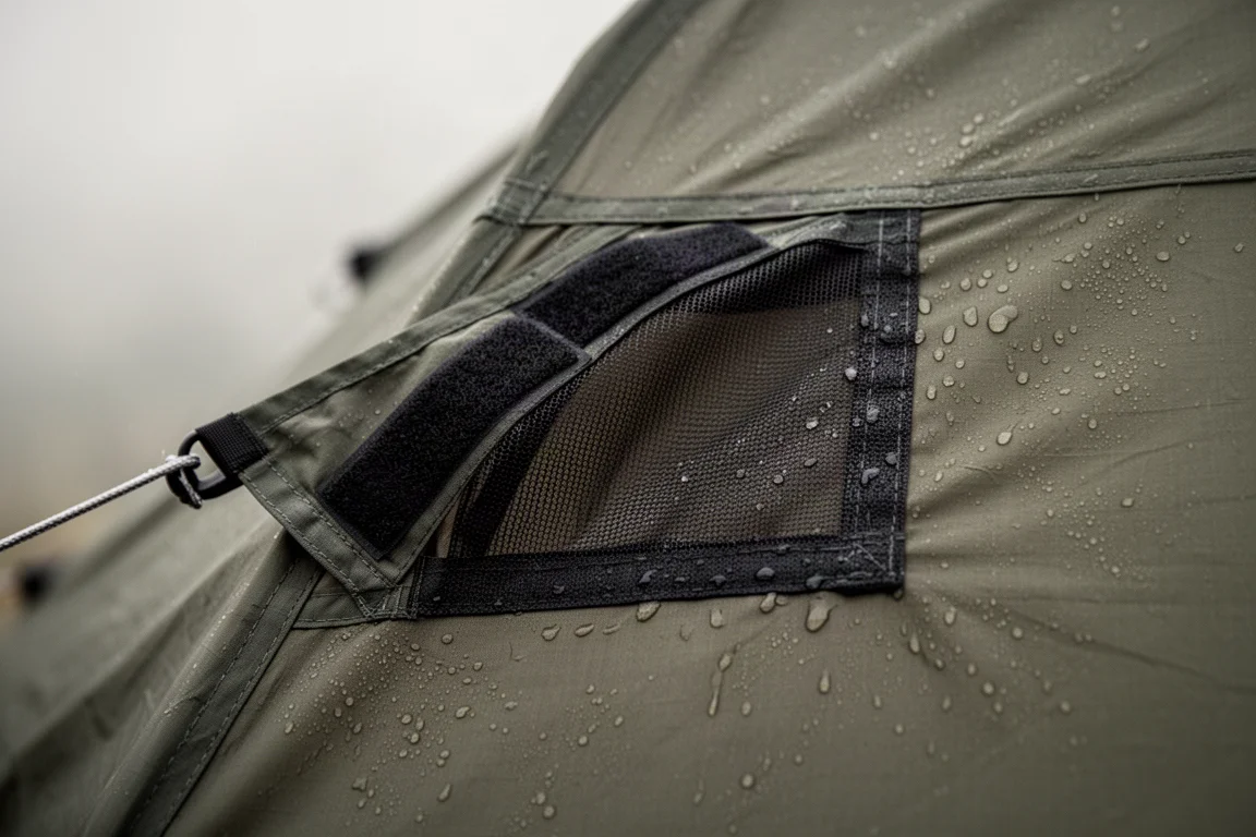 Close-up of a tent fly ventilation vent with condensation droplets on dark fabric