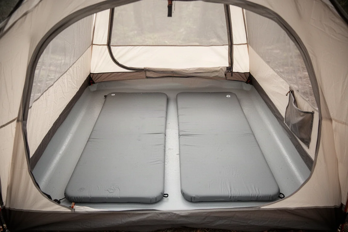 Two narrow sleeping pads side by side inside a backpacking tent interior