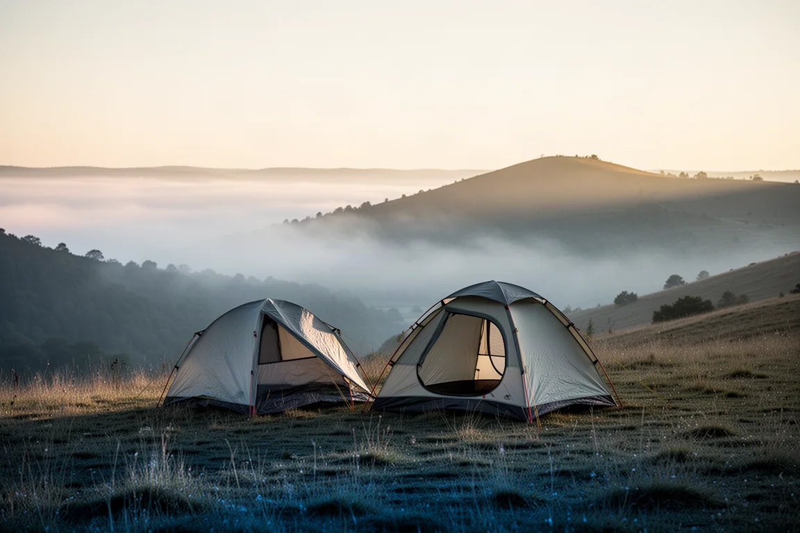 Backpacking tent pitched on a wild hillside at dawn with mist in the valley