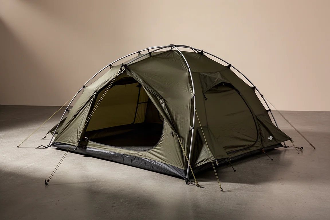 Tenda da backpacking da due posti per quattro stagioni con telo esterno verde scuro e due pali incrociati su cemento