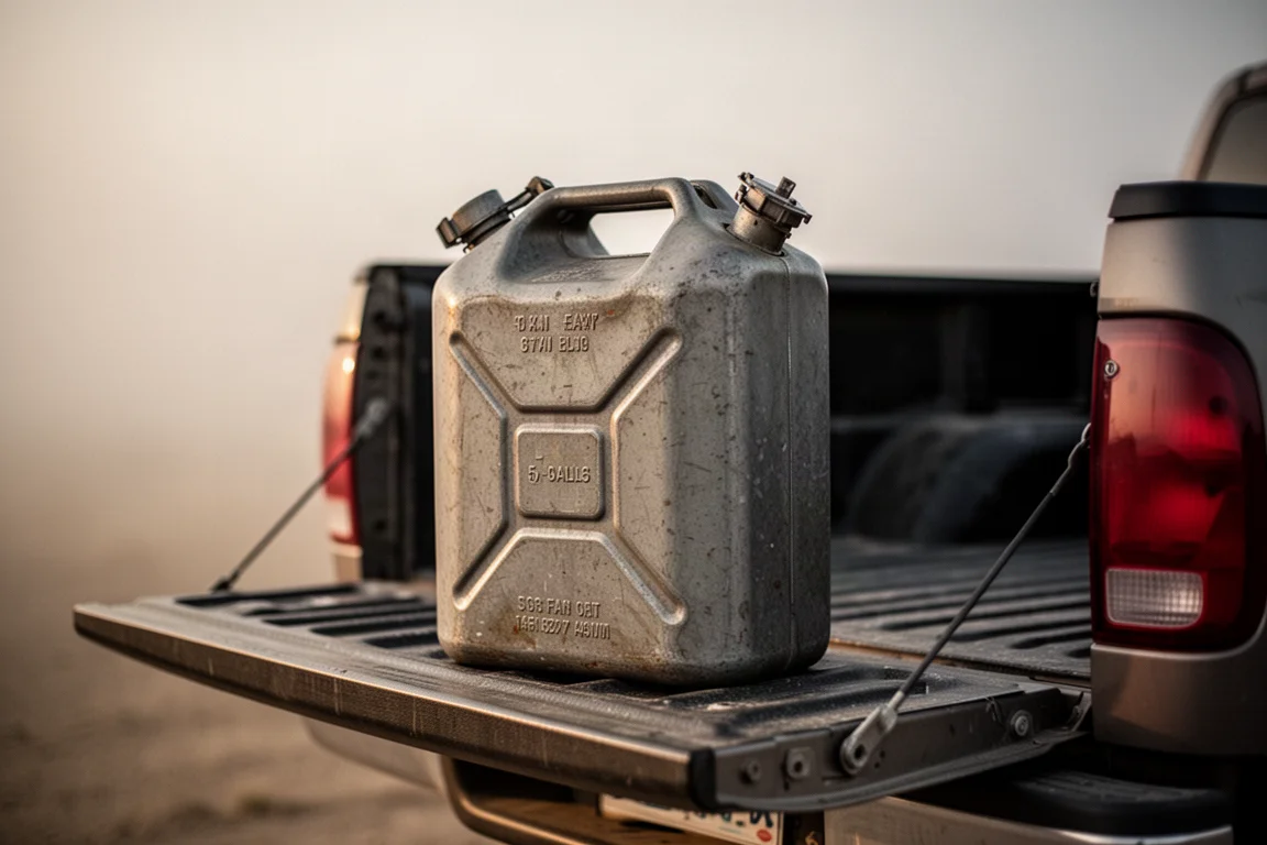 Lourd bidon de carburant de cinq gallons soulevé sur un hayon de véhicule